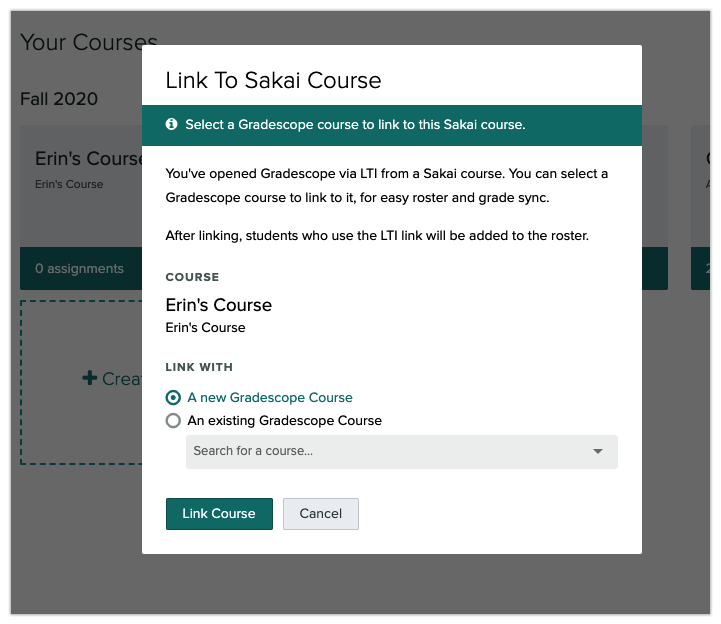 Sakai instructor linking Sakai and Gradescope courses