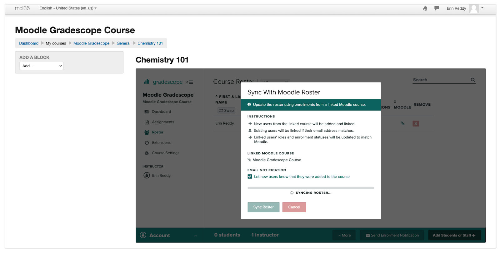 Instructor syncing a Moodle roster in Gradescope