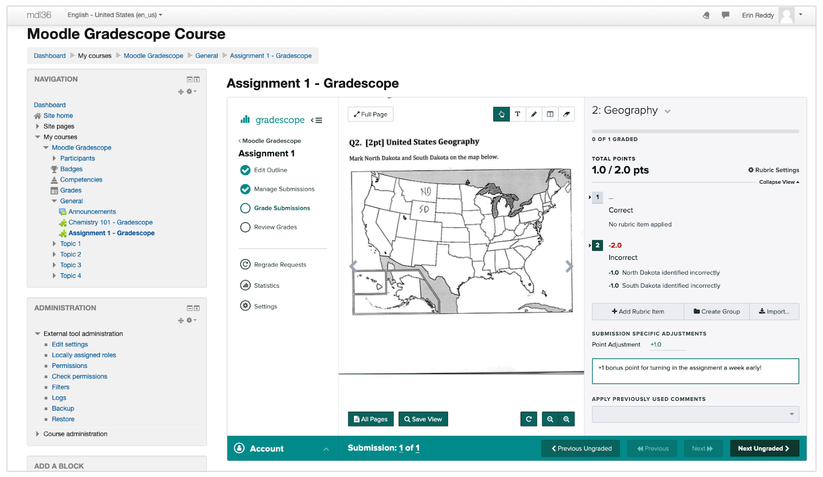 Instructor grading a submission in Moodle