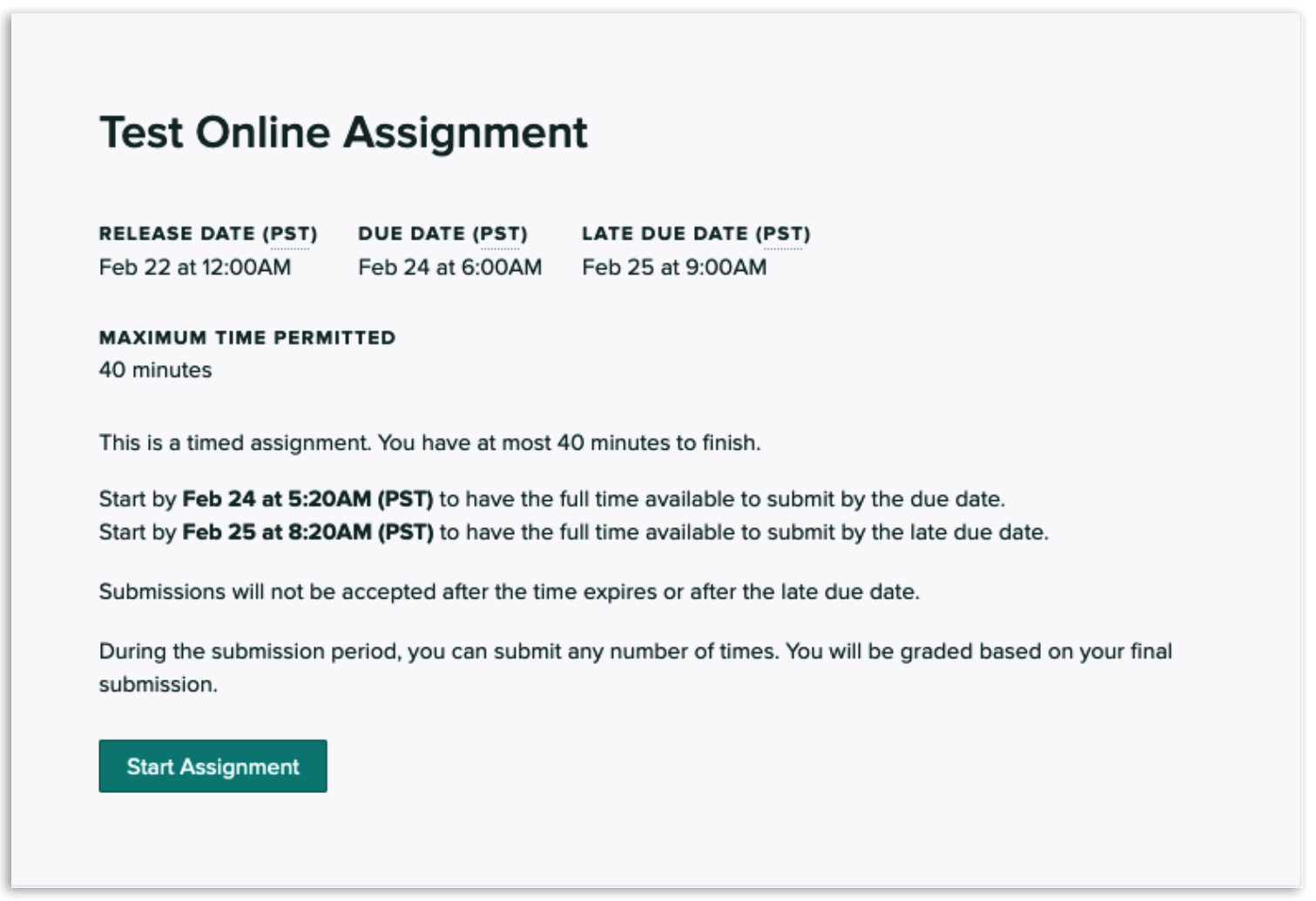 Timed assignment initial dialog box