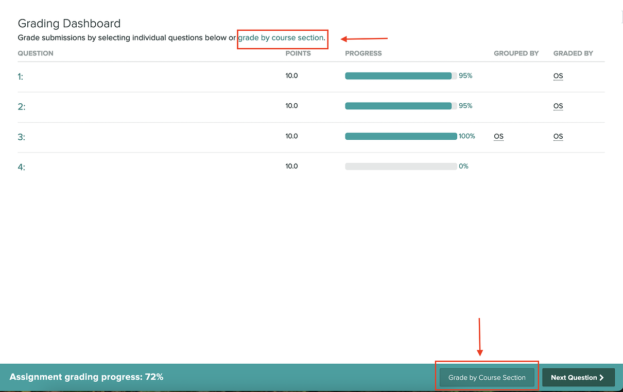 A screen capture of the Grading Dashboard with red boxes highlighting the grade by course section link and button.