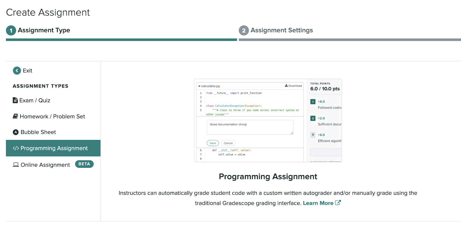 A screen capture of the create assignment page with the programming assignment type selected.