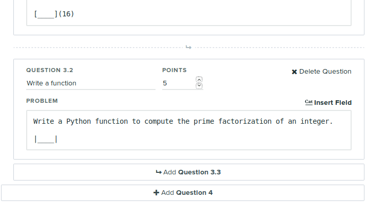 The question interface showing options for adding questions and how to delete them.