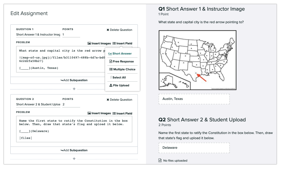 The Edit Outline page for Online Assignments showing how to insert a short answer field into a question.