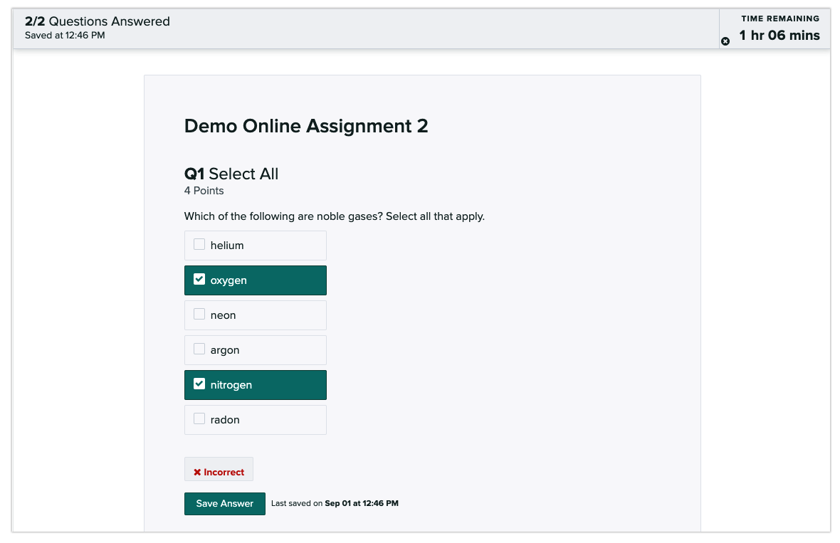 student view online assignment incorrect answer