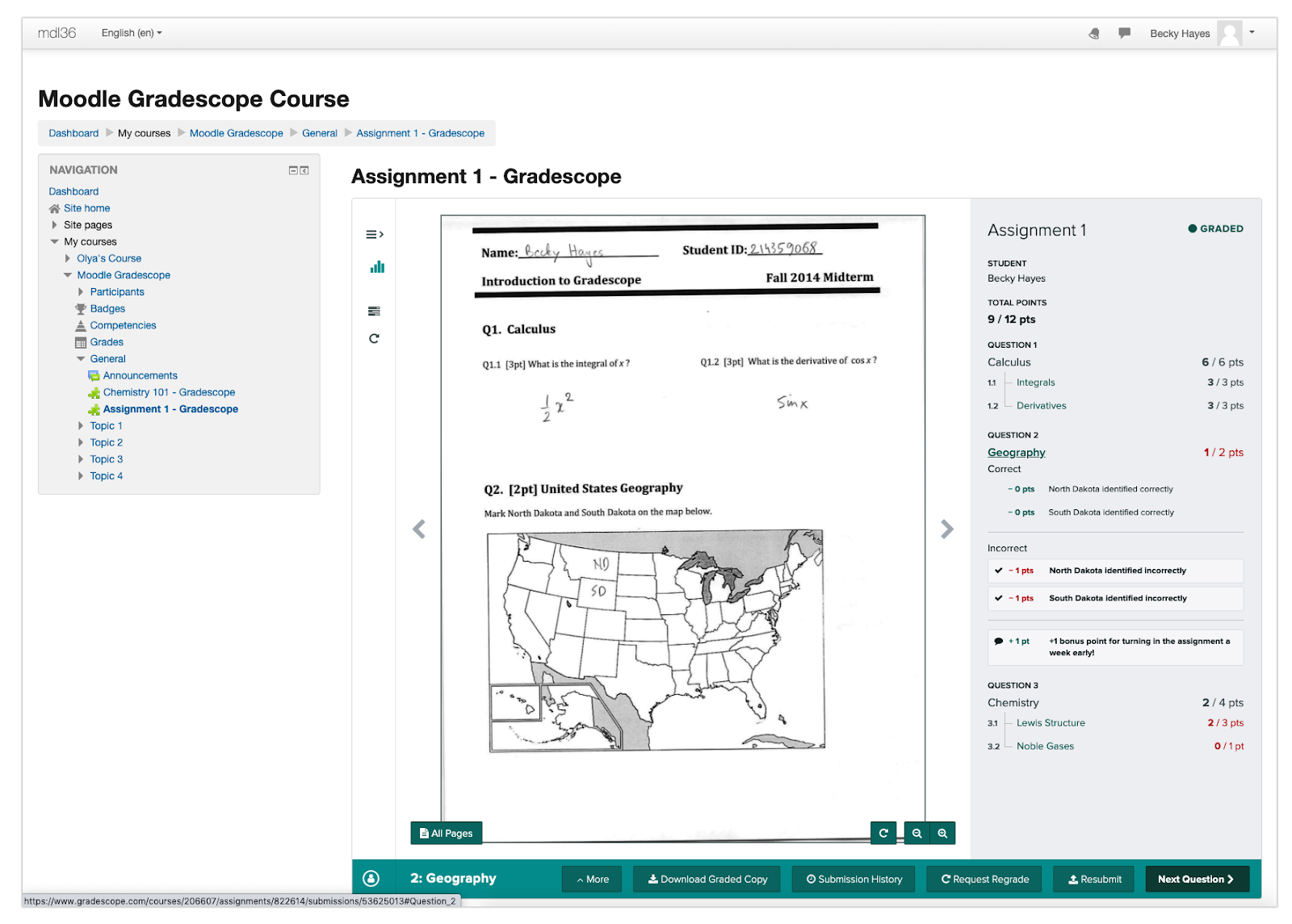 Student viewing Gradescope feedback and points in Moodle